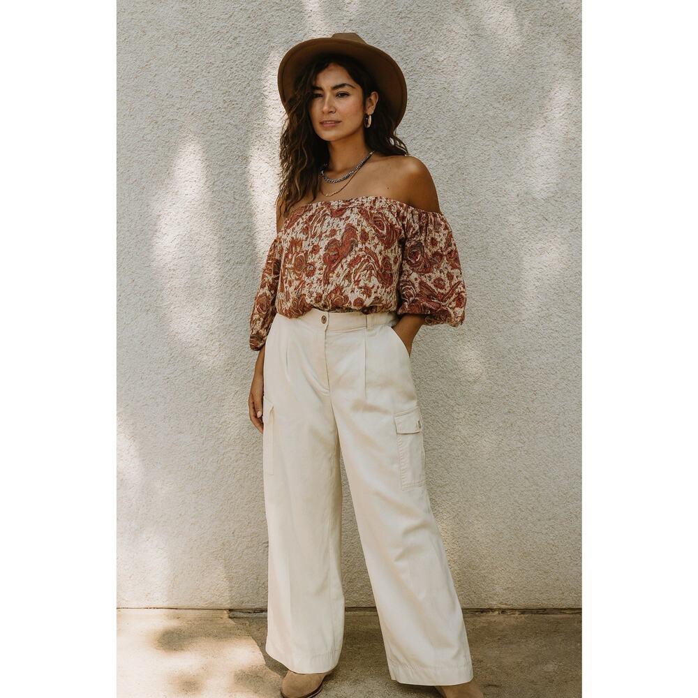 LOFT Lyocell Linen Blend Drapey Cargo Pants Size 8 Ivory Pockets Pleated